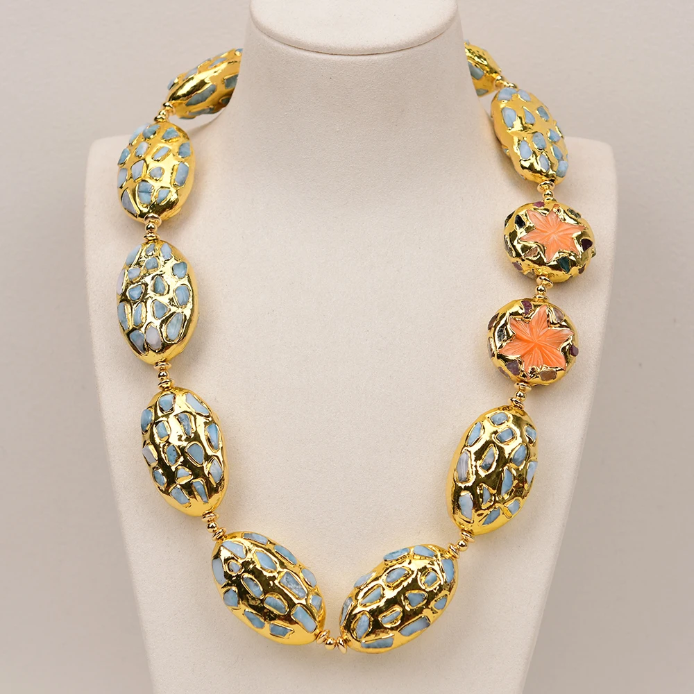 

G-G Natural Blue Larimar Gold Edge Plated Orange Sea Shell Pearl Tourmaline Flower Necklace Women Luxury Vintage