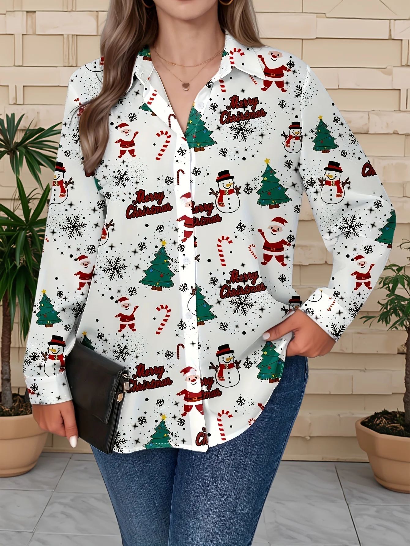Christmas Style Shirt For Women With Long Sleeves And Christmas tree, Snowflakes And Gift 3D pattern, Perfect For Christmas Part
