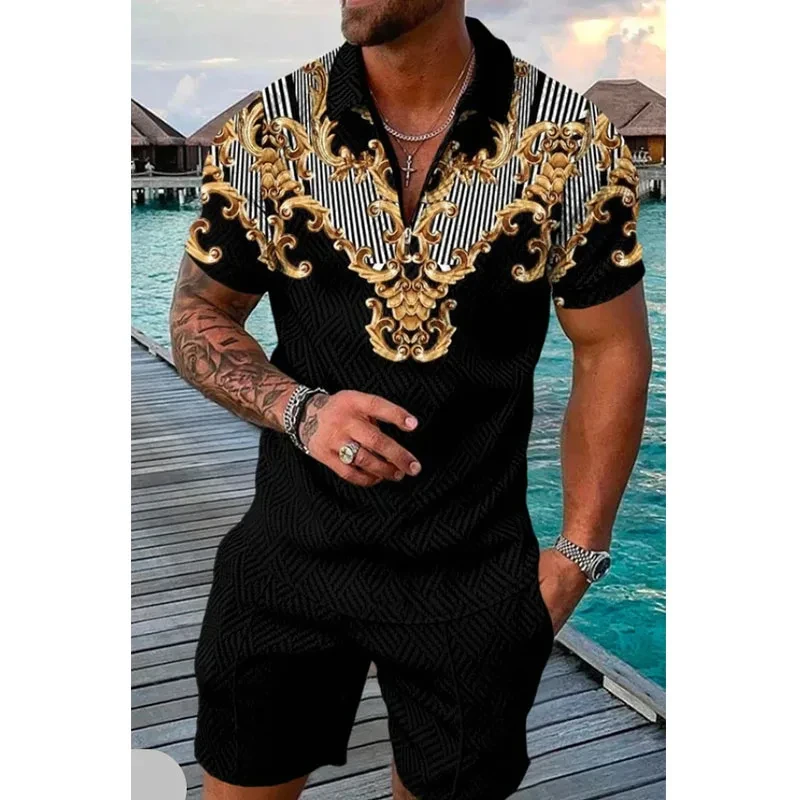 Luxury Style 3D Print Men Polo shirt Set Zipper Lapel Polo Sets Zipper Collar+ Shorts 2pcs Suits Holiday style y2k Man clothing