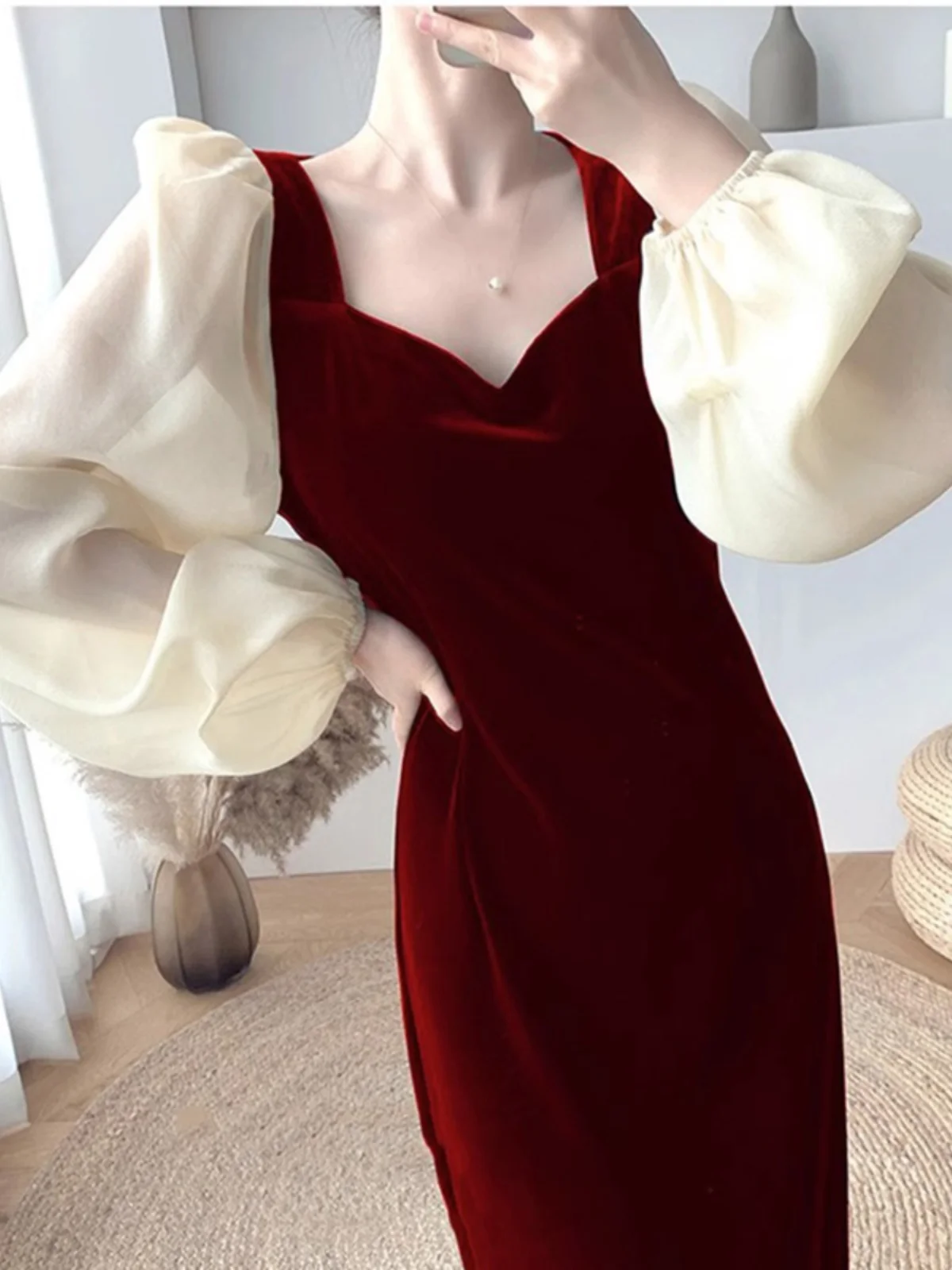 

Ele Velvet Wedding Dr for Engagement Parties Bridal Return Home Outfit plus Size Red Long Sve High Waist Faionable