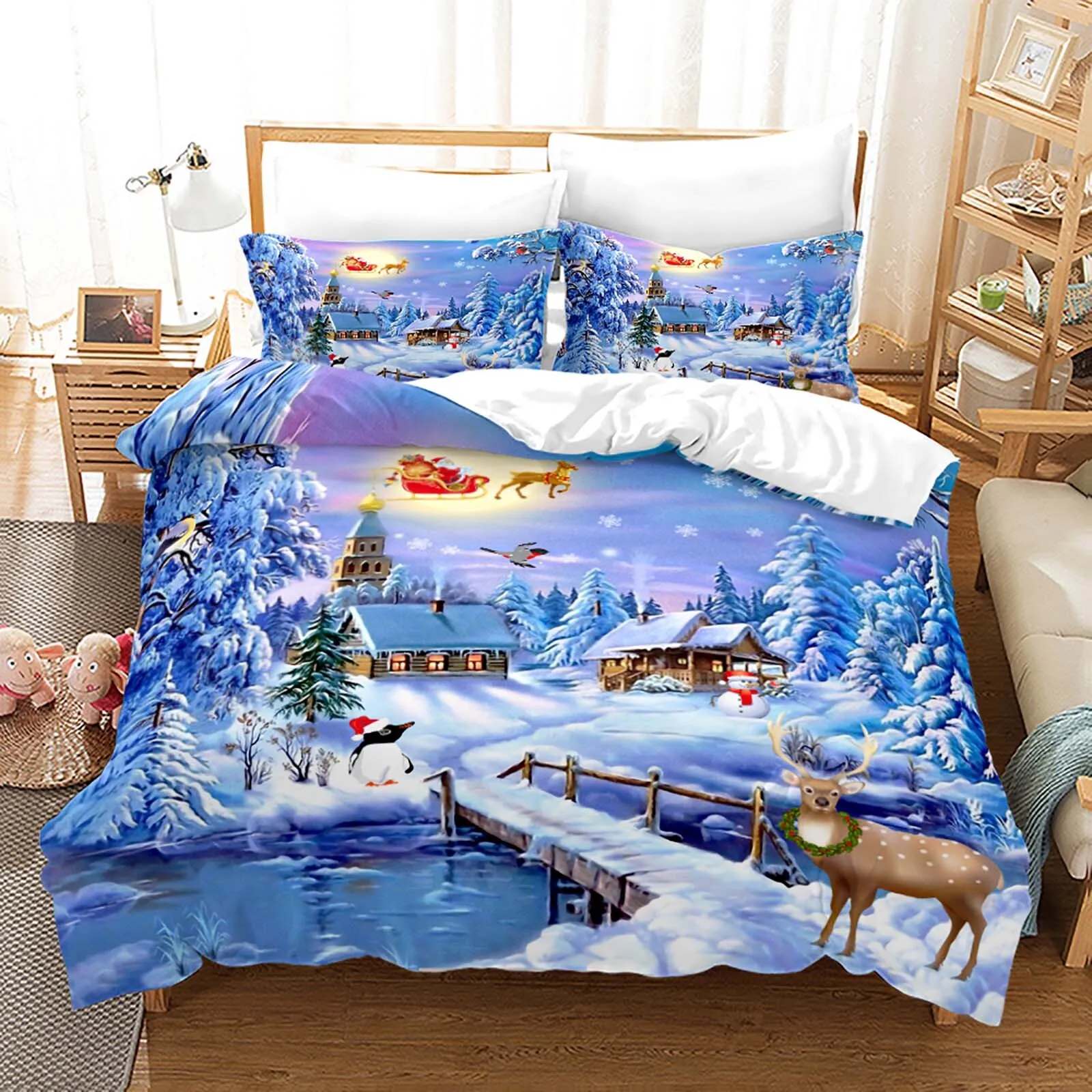 Red Christmas Duvet Cover Santa Claus Snowman Bedding Set Microfiber Cartoon Comforter Cover With Pillowcases Kids Gift