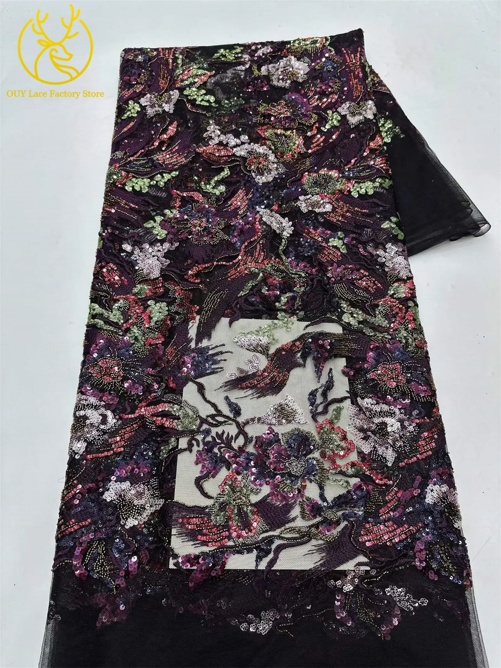 Afrikanischer Stickerei-Tüll-Pailletten-Spitzenstoff, 5 Yards, hochwertiger französischer nigerianischer Perlen-Mesh-Spitzenstoff für Hochzeitsnäharbeiten – Detail 11