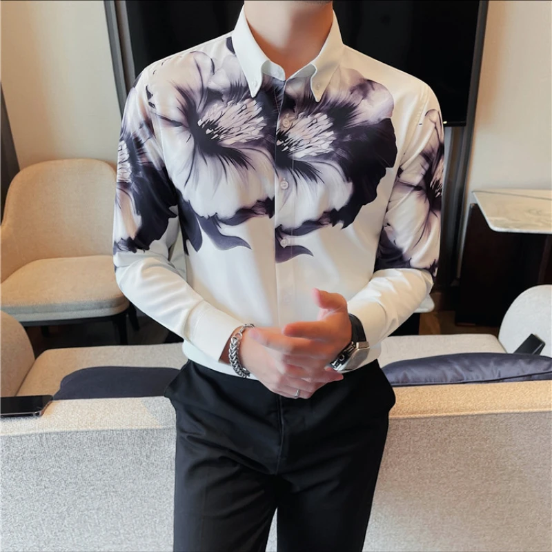 

2026 Fashion Floral Printed Shirt for Men Long Sleeve Slim Fit Casual Business Dress Shirts Social Shirts Party Men Clothing