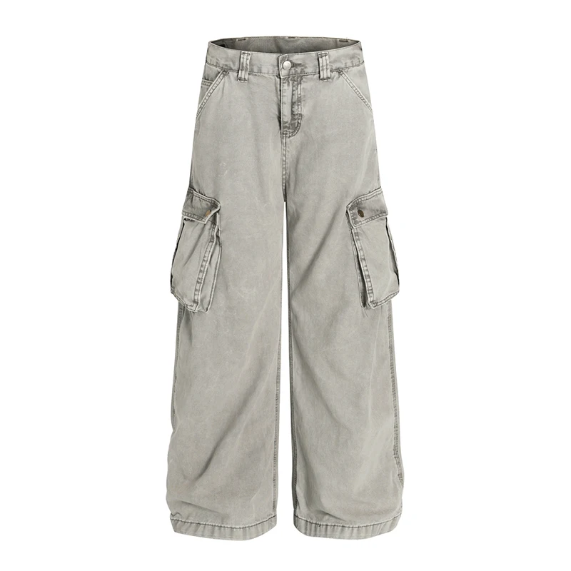 

2026 Spring Autumn Unisex American Straight Leg Men Denim Pants Multi-Pocket Work Jeans Washed Gray Male