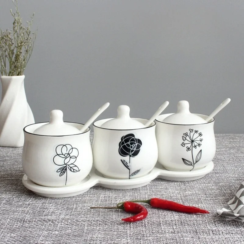 Ceramic Seasoning Box Plant Seasoning Jar Set Spoon Tray Household Seasoning Box Home Kitchen Storage Containers Decoration