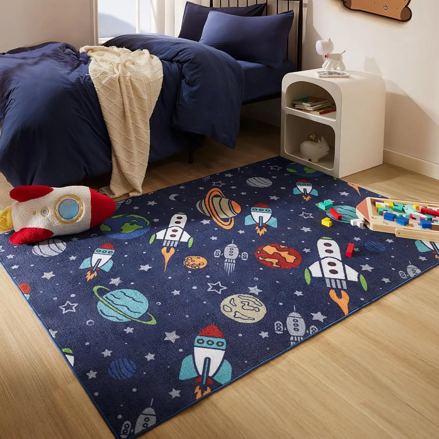 Kids Rugs for Playroom, Area Rugs for Boys Bedroom, Washable Nursery Carpet, Non Slip Rug Play Mat, Space Rocket Planet