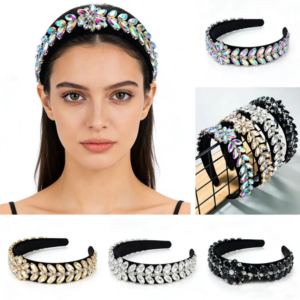 Leaf and Flower Glass Rhinestones Hairband Accessories Gold Velvet Wide Edged Headband Super Flash Hair Headwear Accessories