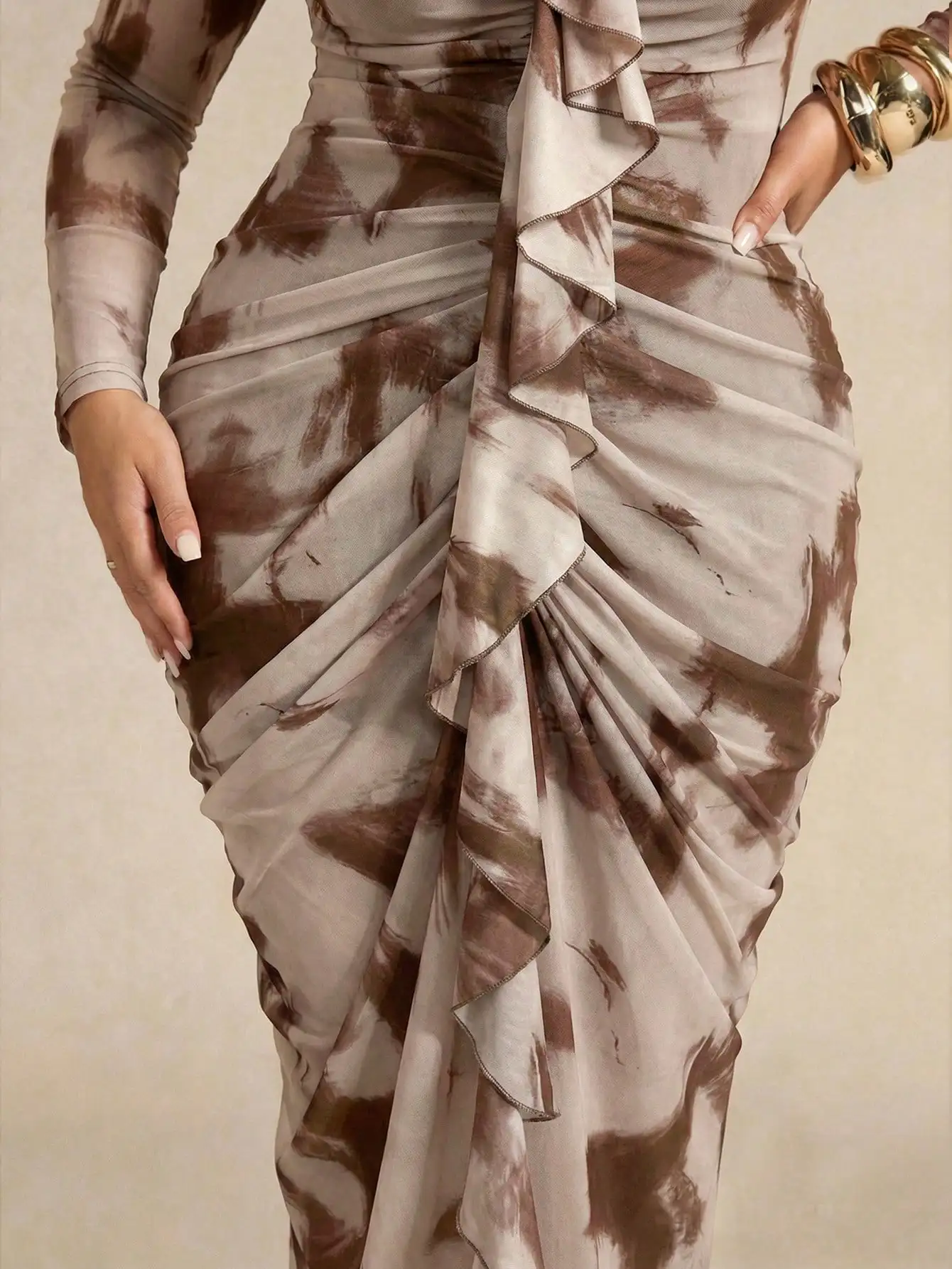 

Elegant Ruffle Hem Long Sleeve Tie Dye Pleated Maxi Dress For Women