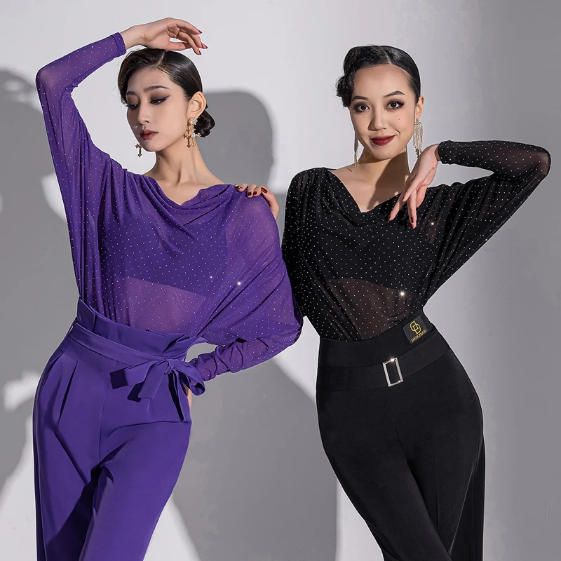 

2024 Waltz Modern Dancing Tops Women'S Purple Black Ballroom Dance Top Adults Samba Rumba Latin Dance Practice Wear DWY9878