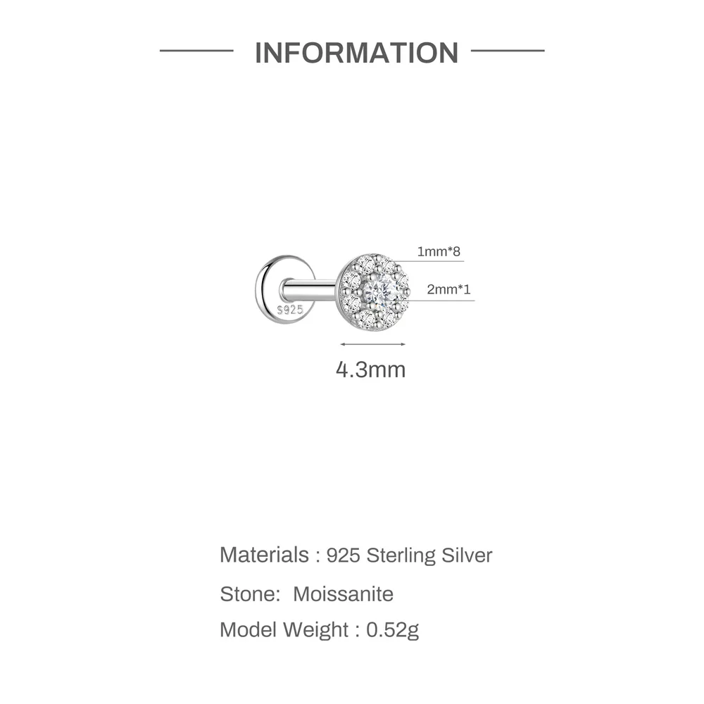 Aide 1 Stück 925 Sterling Silber Moissanit Halo Piercing Ohrstecker mit Schraubverschluss, rund, für Knorpel, 2-4 mm, für Damen und Herren – Detail 15