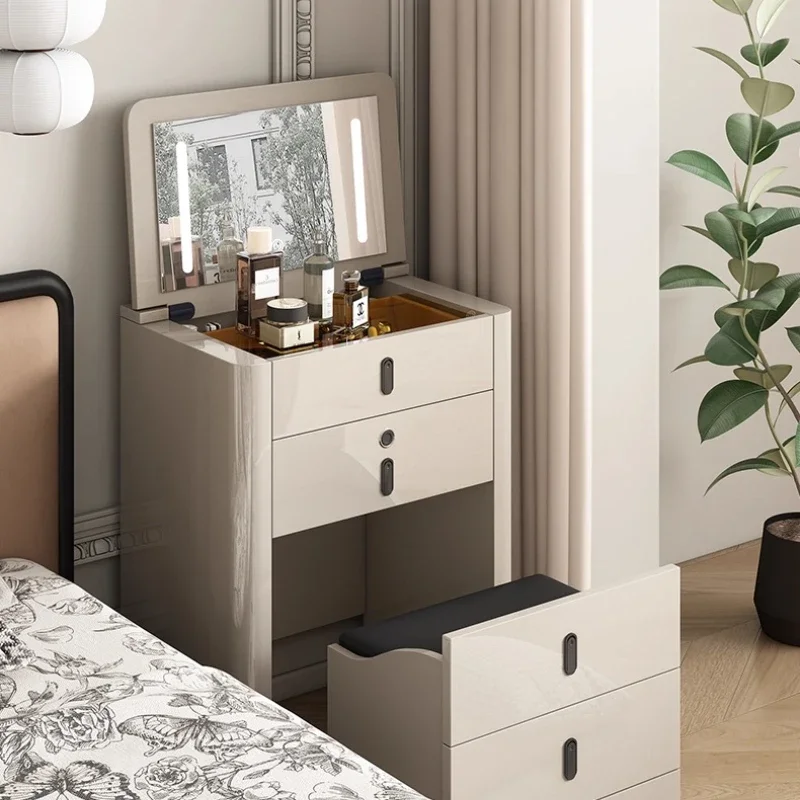 

-+-Makeup Vanity Dressing Table Toiletries LED Dressers Solid Wood Board Cosmetic Table Bedroom Bedside Table Flip Storage Cabin