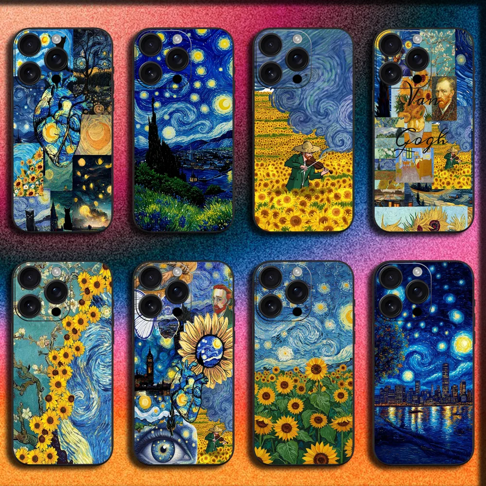 

V-Van Gogh Starry Night Sunflower Cat Phone Case For iPhone 16,15,14,13,12,11,Pro,XS,Max,XR,Plus,E,Mini Soft Black Cover