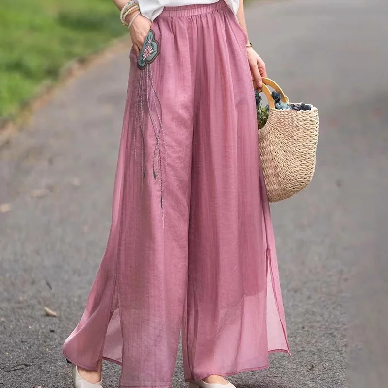 

Женские брюки больших размеров для весны и лета в китайском стиле, однотонные, с вышивкой, цветочным узором, сетчатые, двухслойные, широкие, укороченные (7/8)