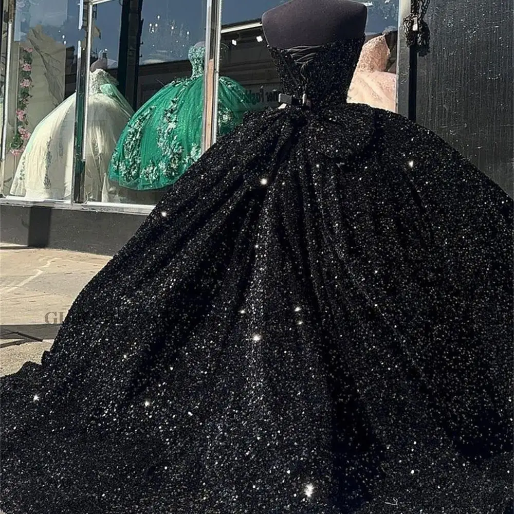 Black Quinceanrea Dresses Sweetheart Sequins Ball Gown Dress Sparkly Sweet 16 Princess Birthday Vestido De 15 Años Customized