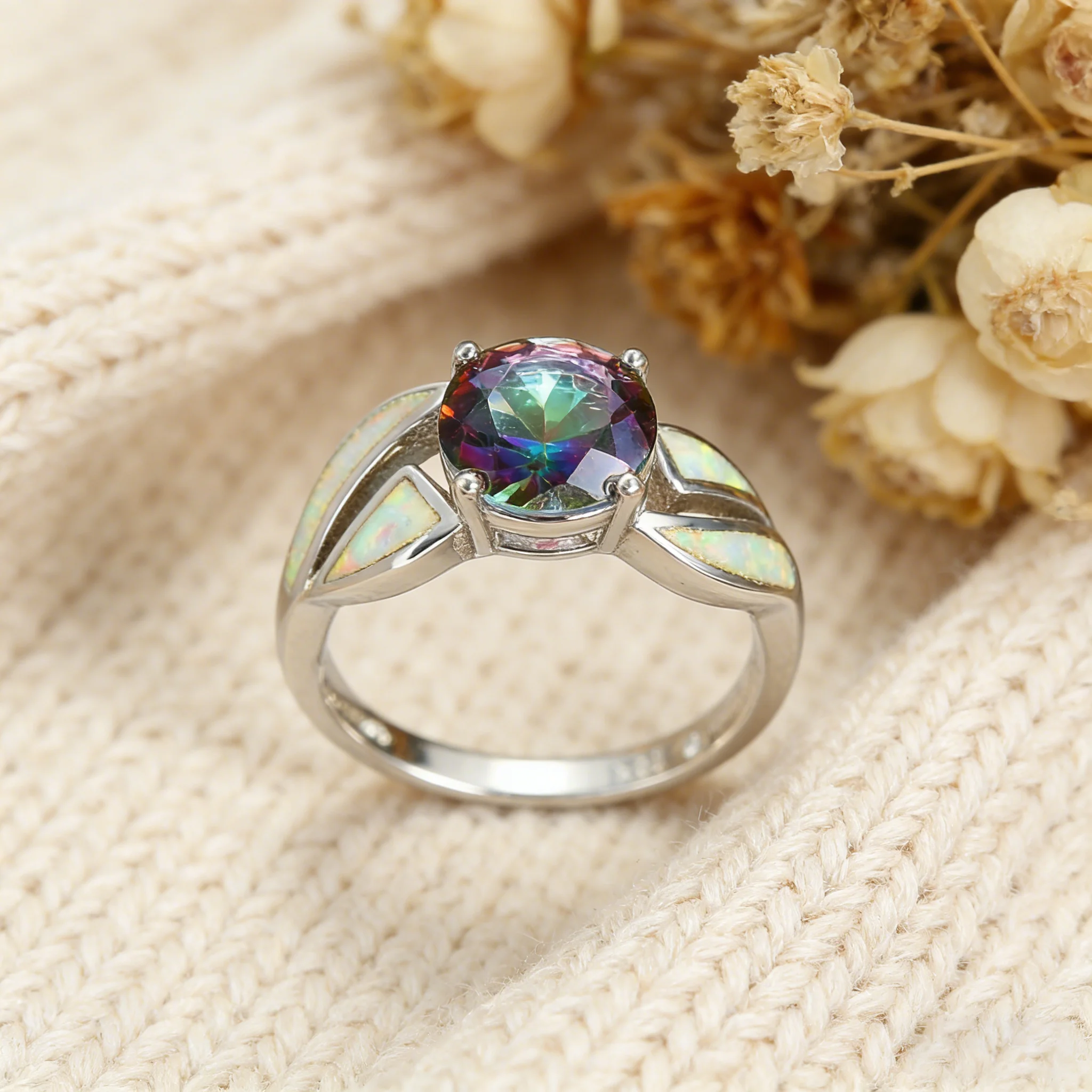 Mystic Multicolor Opal Ring,Silver Color Leaf Design Ring & White Opal,Unique Botanical Inspired Jewelry,October Birthstone Gift