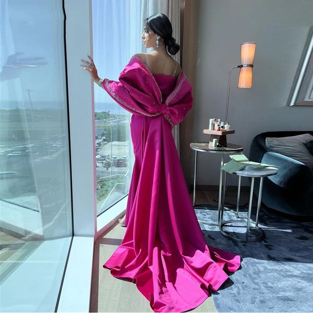 Vestidos de fiesta fucsia personalizados de Arabia Saudita, vestido de noche largo con lazo grande y cuentas, vestidos formales de fiesta de Dubái para mujer