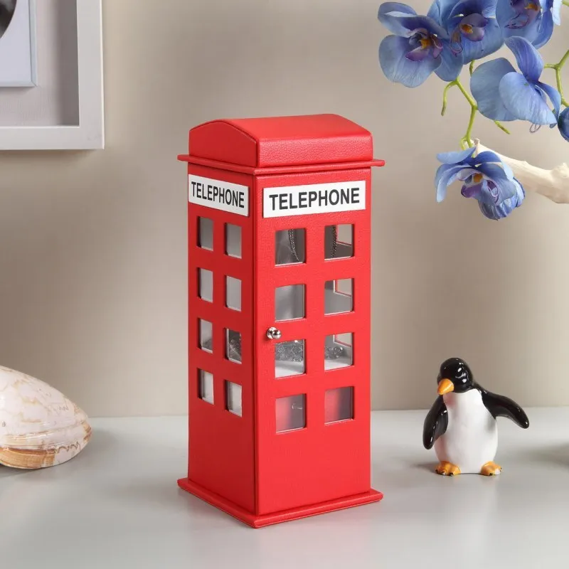 

2025 New Retro British Telephone Booth Jewelry Box 11.5" Tall Red Leather Exquisite Jewelry Storage Case Decorative Organizer