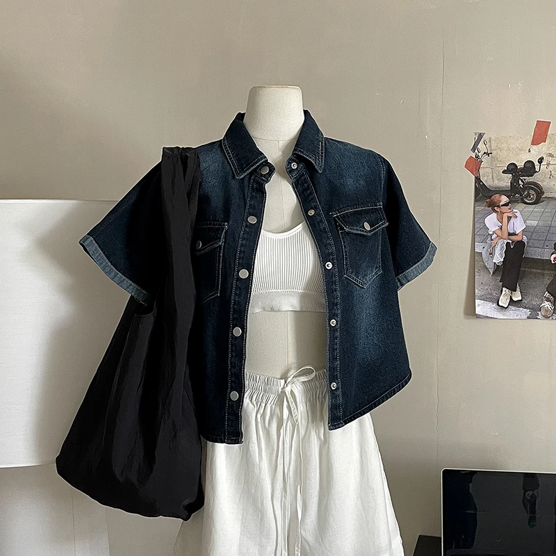 

Summer Women's Denim Shirt Retro Turn Down Collar Pocket Short Cardigan Top Korean Loose Curled Edge Short Sleeve Jackets