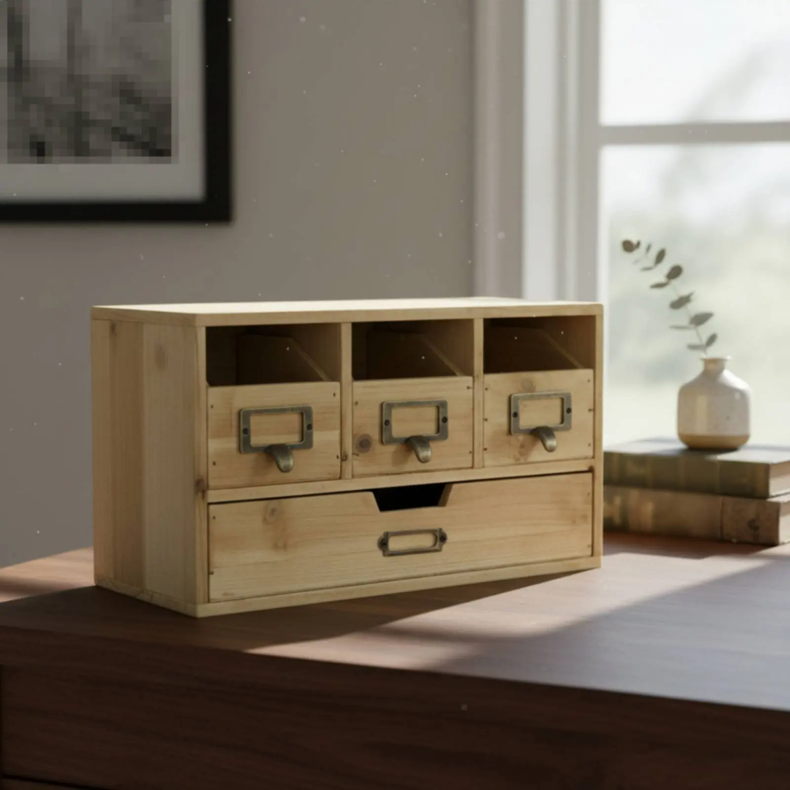 

Rustic Desktop Storage Drawers Multi-Compartment Wooden Desk Organizer 4-Drawer Wood Organizer Box Space-Saving for Crafters