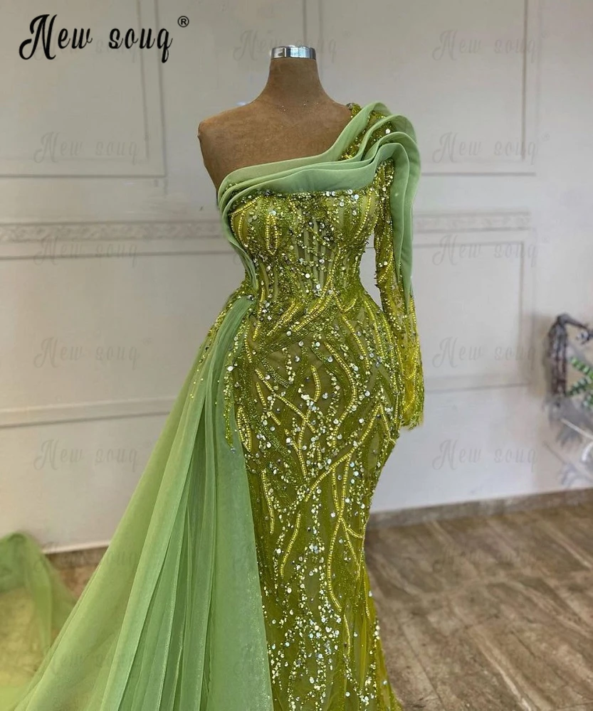 Elegant One Shoulder Long Side Train Embroidery Party Dress for Women Wedding Custom Made Beaded Mermaid Celebrity Prom Dress