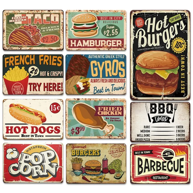 Carteles de chapa de Metal de Hot Dog Fresh Hamburgers, carteles Vintage para barbacoa, decoración de pared de cocina para el hogar, placa de hierro, pintura, placas de tienda de comida rápida