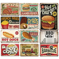 Hot Dog Fresh Hamburgers Metal Tin Signs BBQ Vintage Posters Home Kitchen Wall Decor Iron Plate Painting Fast Food Shop Plaques