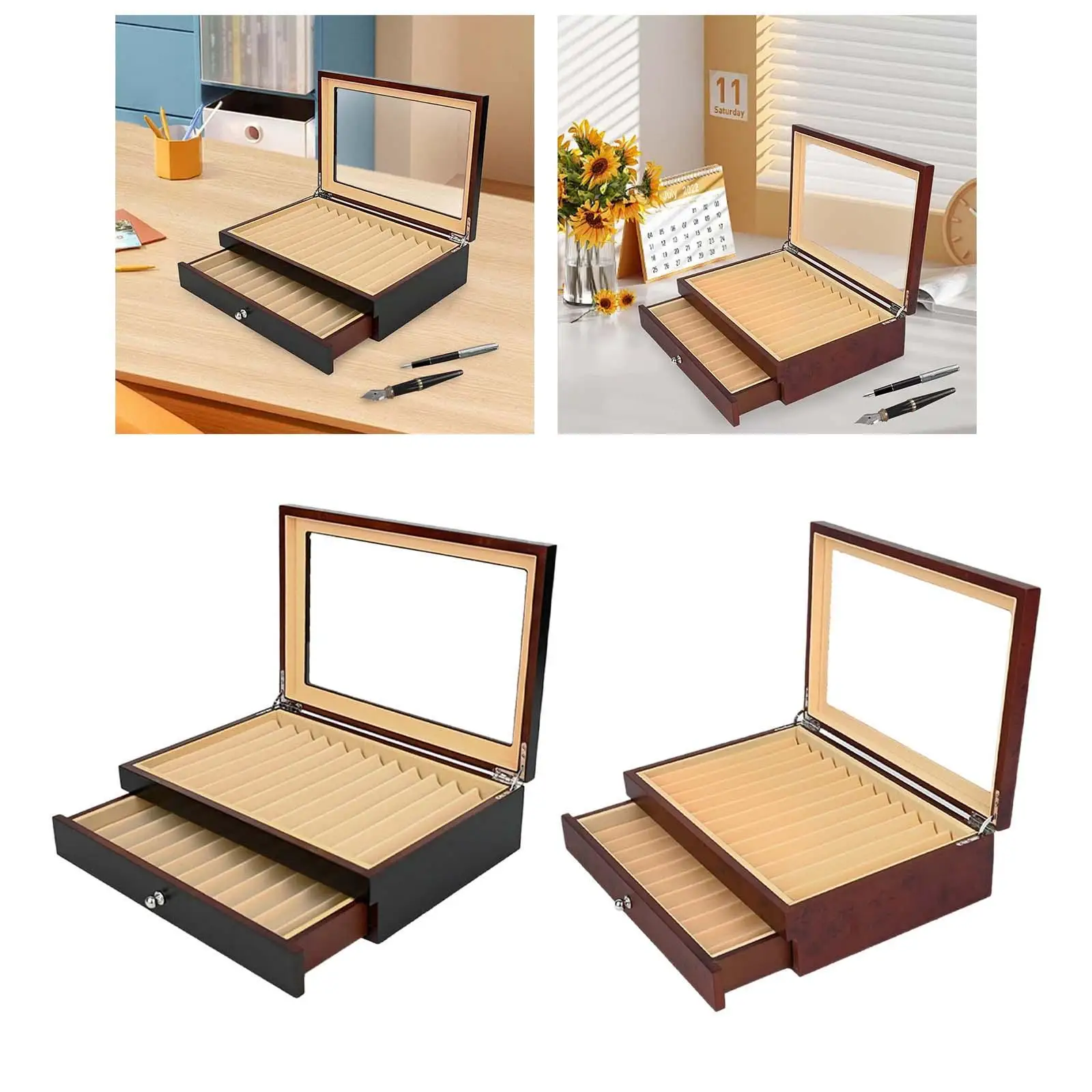 Double Layer Pen Organizer Box - 23 Slots for Collectible Pens with Glass Lid