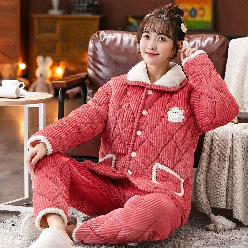 

Sleepwear Women Winter Homewear Suit Three Thick Layers Cotton Flannel Plush Nightgown Large Size Cute Coral Velvet Home Outfit