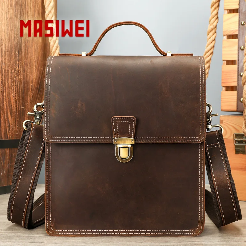 

Crazy Horse Leather hand-held men's single-shoulder bag, large-capacity flip cover, simple lock buckle crossbody backpack