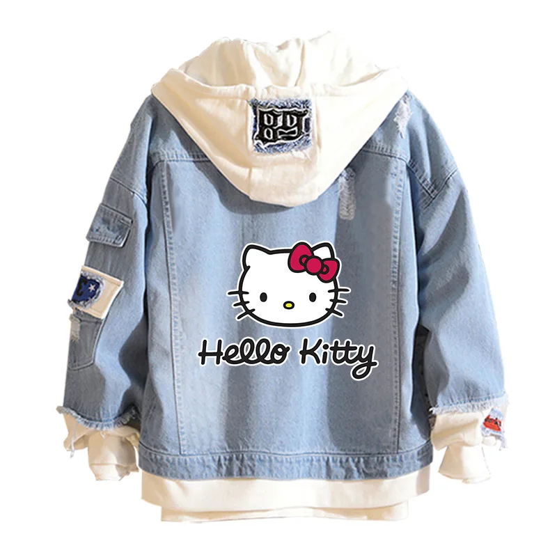 

Джинсовая куртка с капюшоном Hello Kitty, милая Толстовка Sanrio, модная одежда для пар на весну и осень, милая Студенческая Повседневная куртка Y2K, костюм для подарка