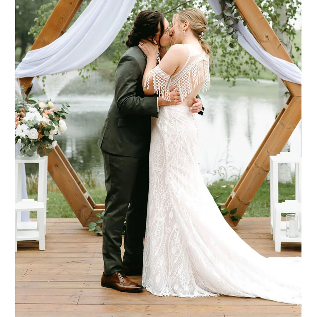 Halter Sheer Top Tassels Open Back Customized Bridal Gowns Trumpet Bodycon Fit Crewneck Boho Garden Plus Size Wedding Dress