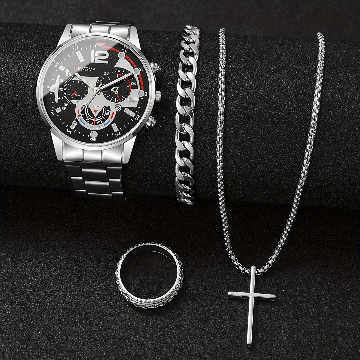 

4 шт.-Мужской модный комплект, повседневные кварцевые часы с календарем, ожерелье с подвеской в виде креста, кольцо и браслет — идеальный подарок для него