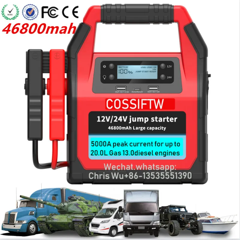 24V 12V Jump Starter en Oplader 5000A 2500A 46800mAH Draagbare LED LiFePo4 Jumpstart Batterij Power Pack voor Automotives USB