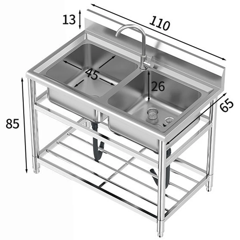 Fregadero de cocina de acero inoxidable engrosado para piscina, lavabo comercial, ranura única, doble ranura con soporte, fregadero de restaurante