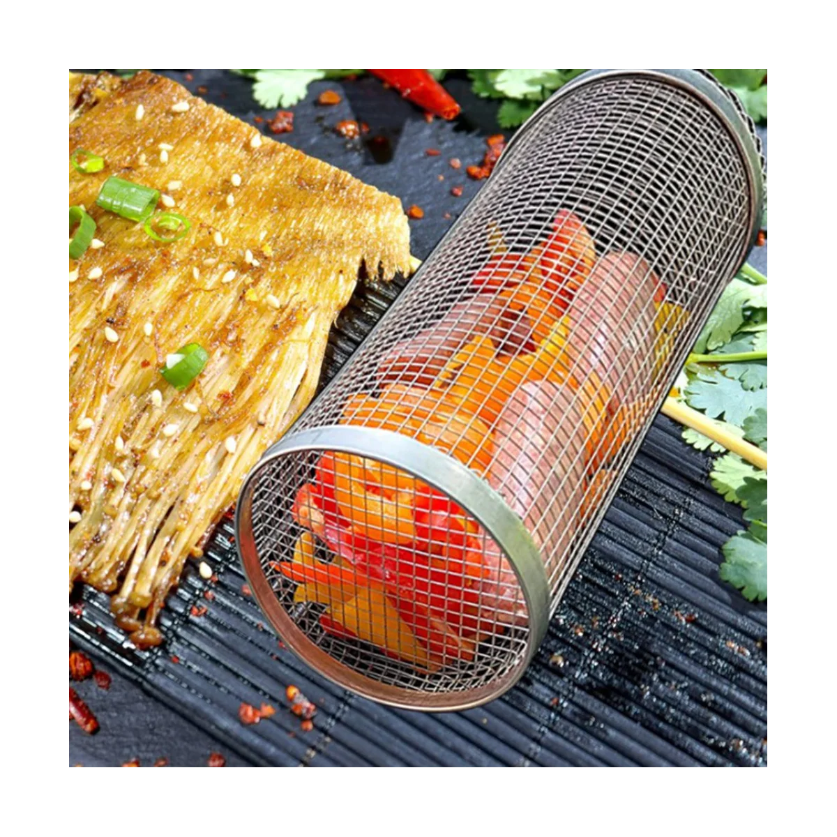 2PCS Stainless Barbecue Basket Cooking Grill Grate Outdoor BBQ Campfire Grid Family Travel Camping Picnic Cookware 35cm