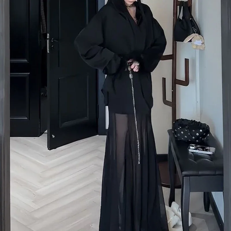 

New high-grade retro spice loose shirt mesh stitching black women's suit Long skirt two-piece women's spring and summer