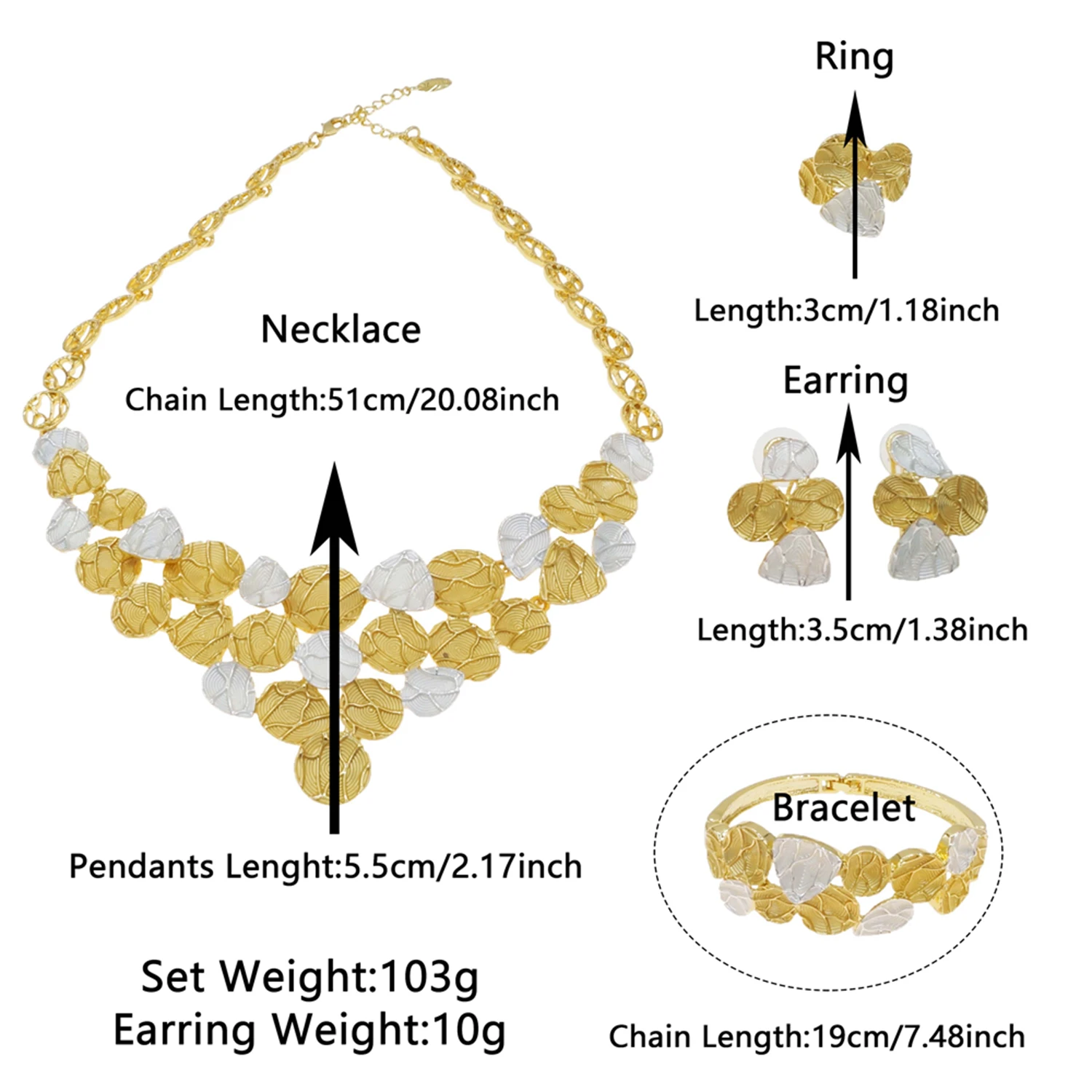 Yulaili Dubai Gold Plated Two Tone Leaf Shaped Jewelry Set for Women Party Wedding Necklace Earrings Bracelet Ring HV210937