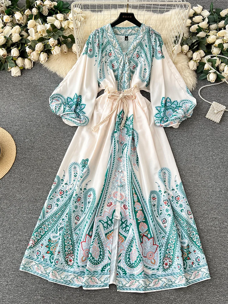 Robes longues bohèmes pour femme 2023 mode col en V à manches longues élégante robe maxi de soirée tresse ceinturée robe boho imprimée vintage