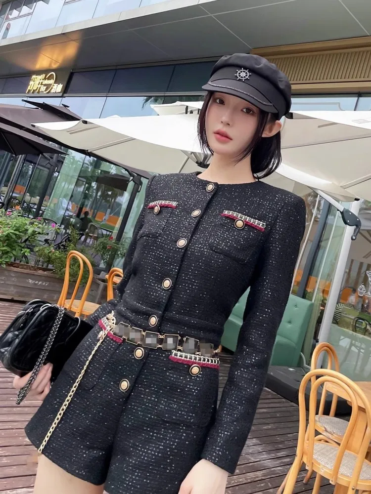 Office Ladies Fashion Long Sleeve New Spring Tweed Rompers O-Neck High Waist Designer Single Breasted Wide Leg Women Playsuits