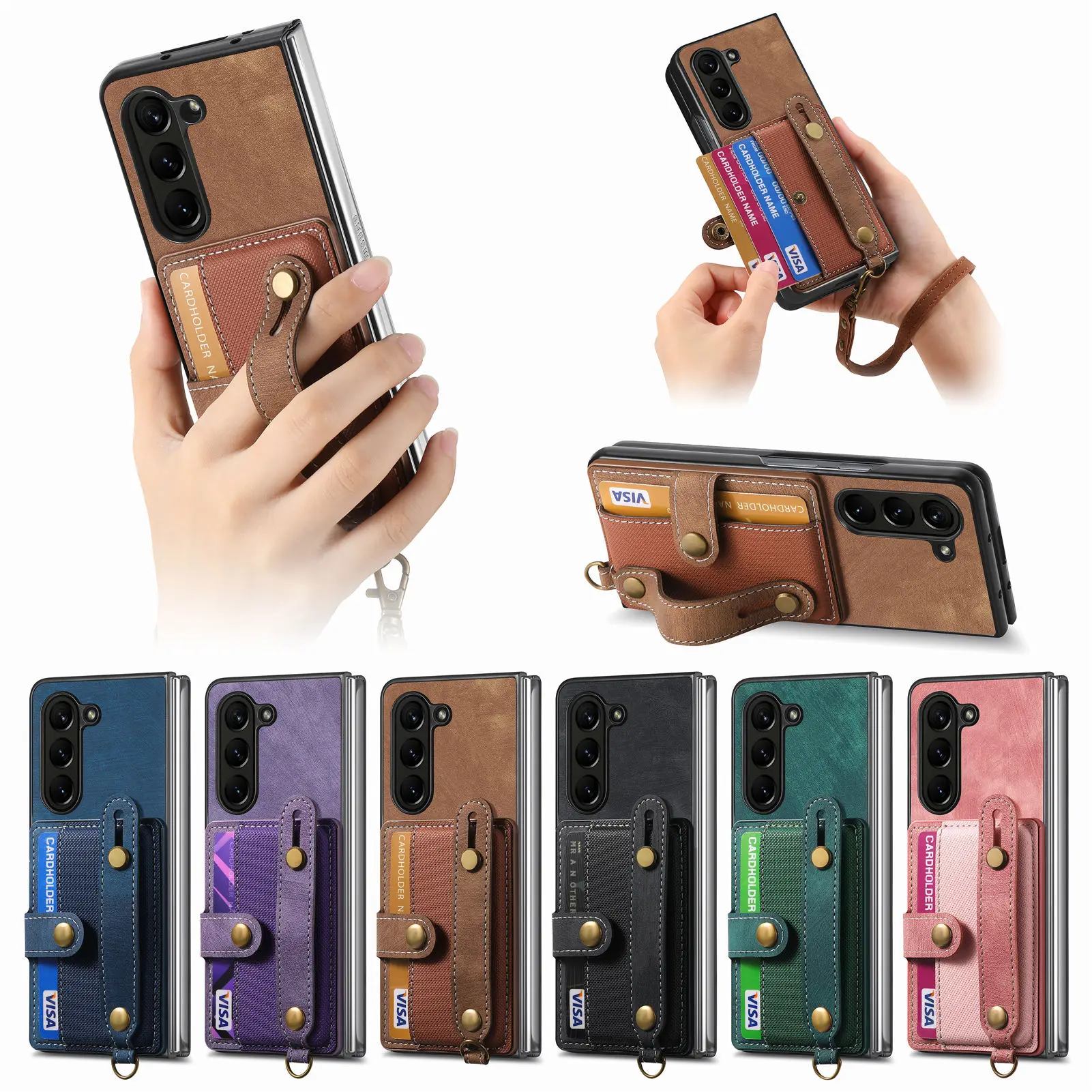 case for Samsung Z FOLD 7 6 5 4 3 insert the card protective case With Holder Kickstand Lanyard Shock Proof Anti-Fingerprint