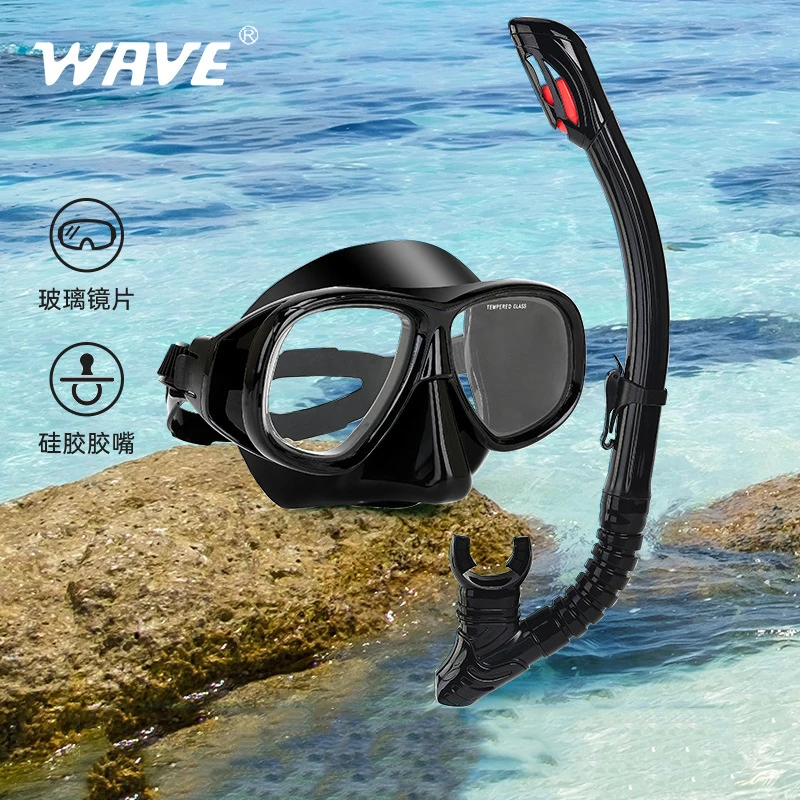 WAVE Professional Snorkeling Diving Goggles Silicone Full Dry Snorkel Large Frame with Degree Diving Goggle Set