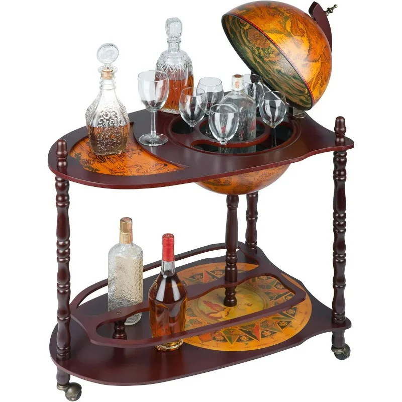 Globe Bar Liquor Cabinet on Wheels, 27 Inches Wide, 18 Inches Deep, 34 Inches High