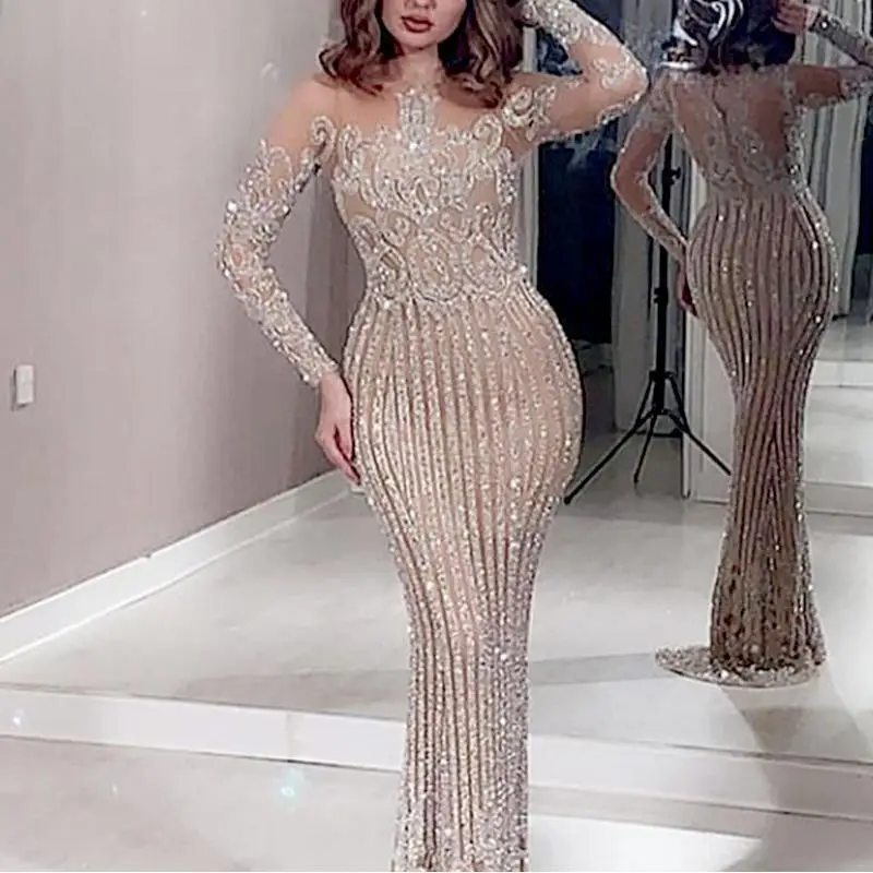 

Shiny Mesh Sequin Long Sleeve Golden Maxi Prom Dress Fish Bone Evening Dress Sexy Luxury Bride Dress 2025 Wedding Party