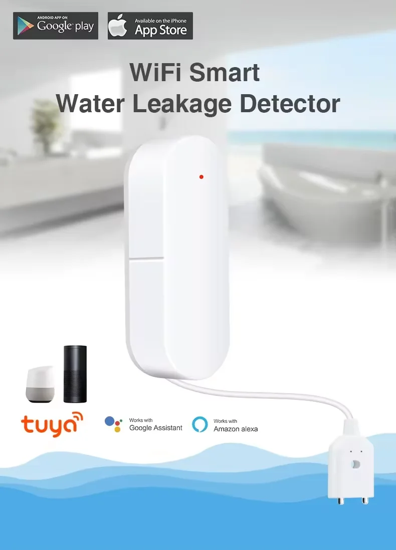 Tuya-Sensor de fugas de agua WiFi, Detector de inundación inteligente para el hogar, Control por aplicación, alerta de inundación, protección de seguridad de desbordamiento con Alexa y Google