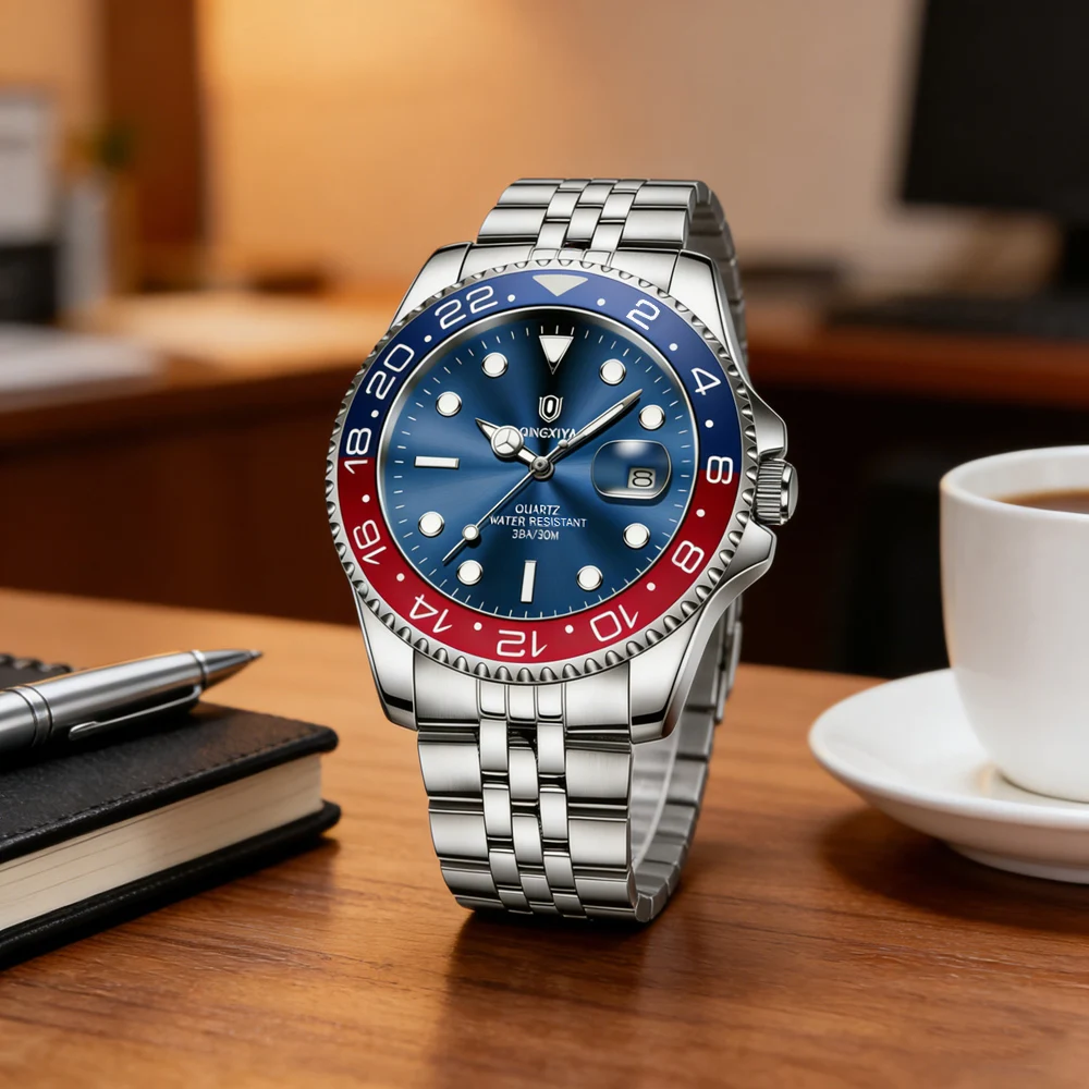 2026 New Fashion Classic Red Blue Circle Quartz Watch Men Stainless Steel Waterproof Luminous Date Luxury Watches Mens Clock
