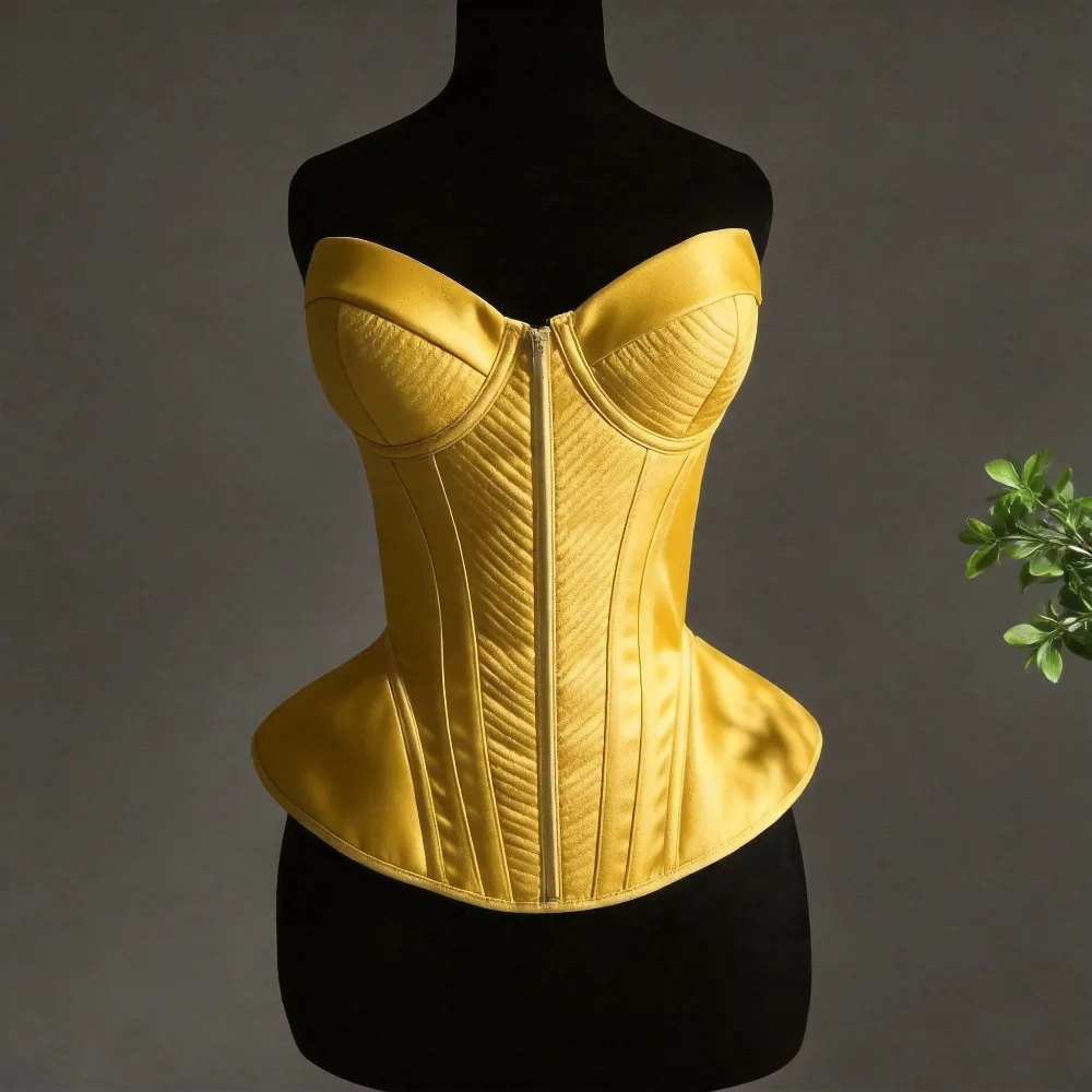 Women Satin Corset Bustier Overbust With Cups Palace Lace Up Steel Boned Gold Yellow Bodice Shaping Tops Waist Trainer Wedding
