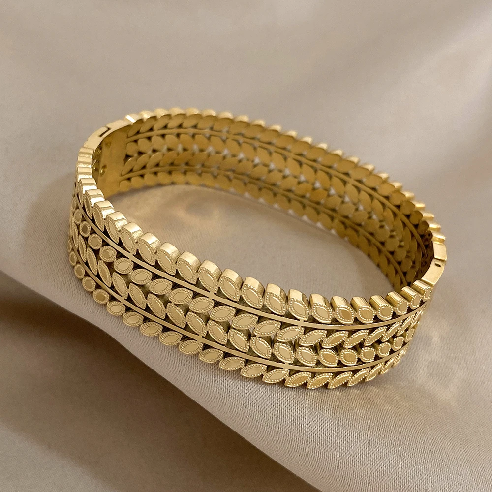 Greatera Chunky Layered Leaf Stainless Steel Bangles Bracelet for Women Gold Plated Wheat Wide Cuff Bracelet Waterproof Jewelry