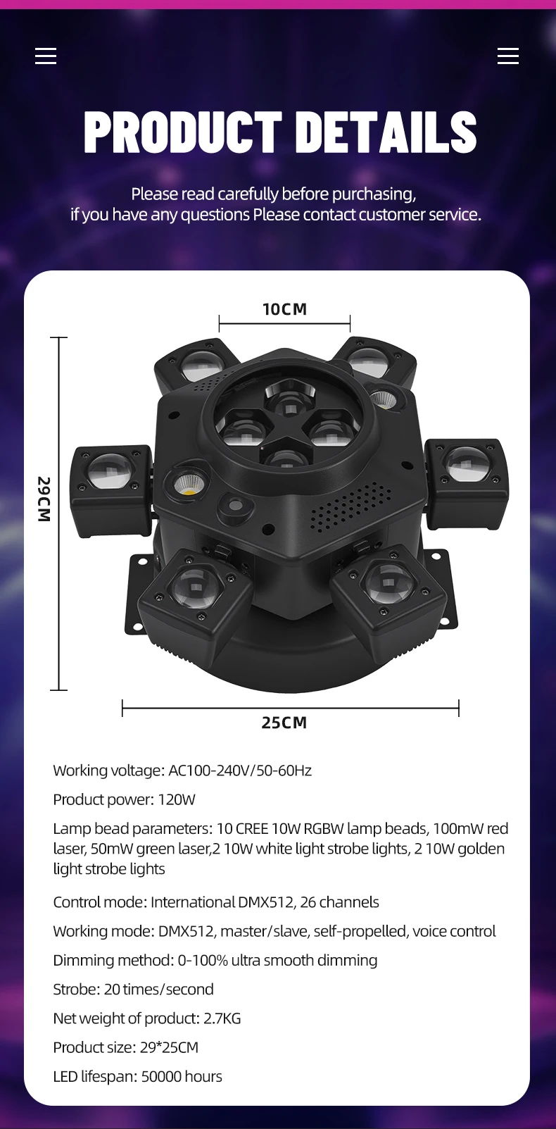 Fernbedienbare Moving-Head-Lichtanlage mit 6 Armen, RGBW-Beam, Strobe, Laser, DMX512-Bühnenbeleuchtung für DJ, Disco, KTV – Detail 2