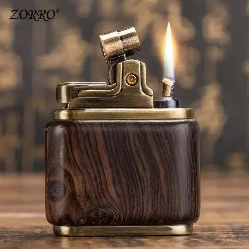 Rosewood Wooden Zorro Rocker Kerosene Lighter Retro Copper Old Nine Doors Creative Mahogany Cigarette Lighter Men\'s Gift