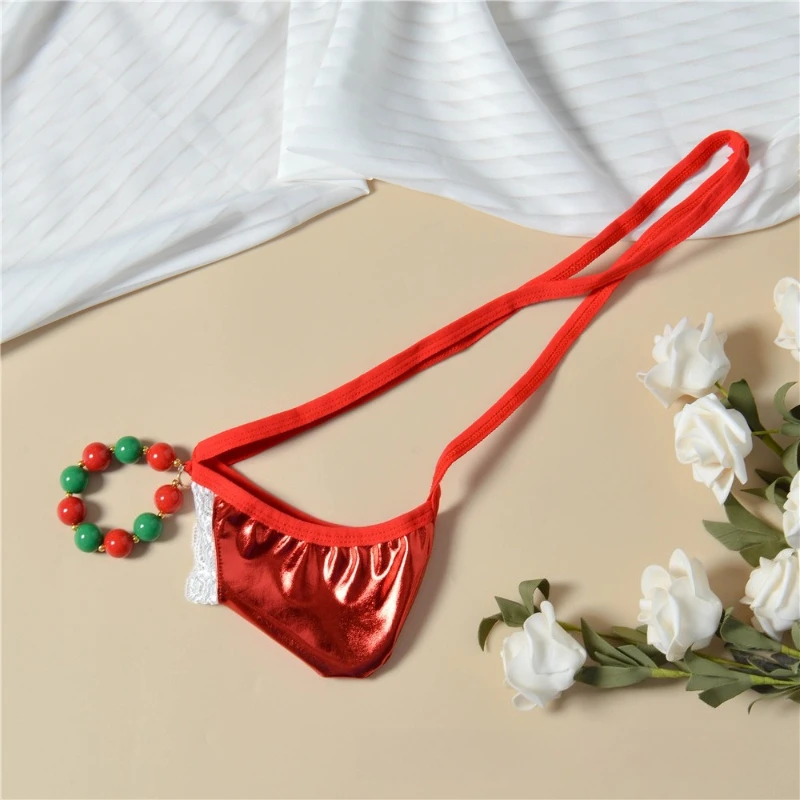 Men's Thong And G String Hollow Christmas Beads Ring Massage Glossy Thin Belt Low Waist U Pouch Invisible Panties Jockstrap